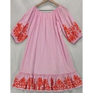 Top It Off Embroidered Peasant Dress Cotton Pink Boho Festival Beach M/L